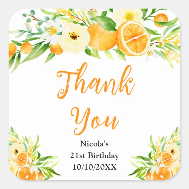 Oranges Citrus Birthday Thank You Square Sticker (Front)