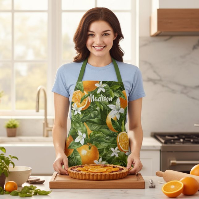 Oranges Citrus Blossoms Modern Personalized Name Apron (Creator Uploaded)