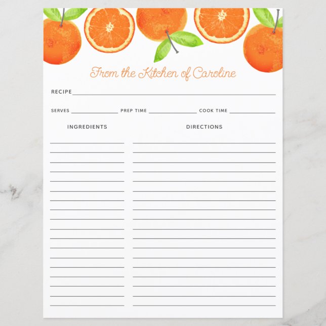 Oranges Citrus Fruit Recipe Card Binder Insert (Front)