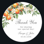 Oranges Citrus Fruits Greenery Orchard Wedding Classic Round Sticker<br><div class="desc">Personalize these elegant floral round stickers easily and quickly. Simply click the customize it further button to edit the texts,  change fonts and fonts colors. Featuring a beautiful white ivory roses floral arrangement. Matching items available in store. (c) Somerset Fine Paperie</div>