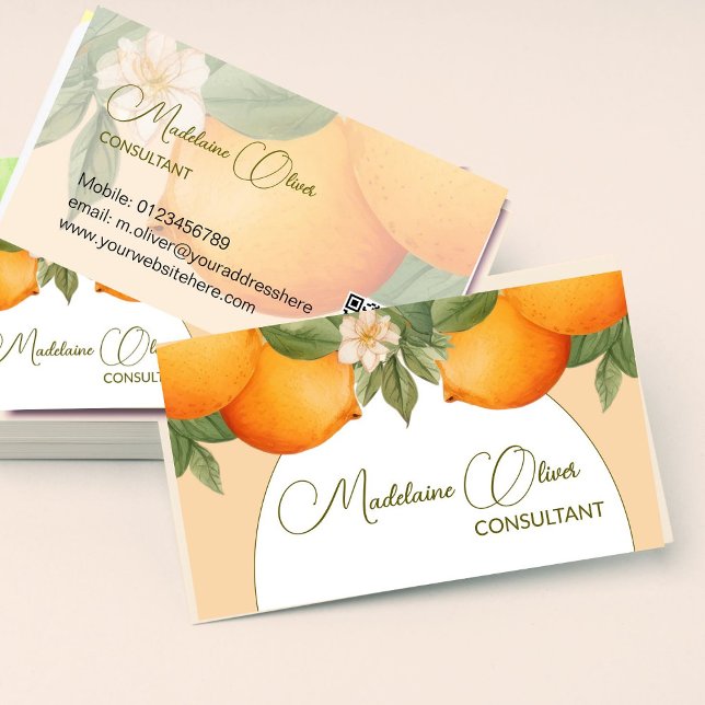 Oranges Citrus Modern Watercolor QR Code  Business Card (Creator Uploaded)