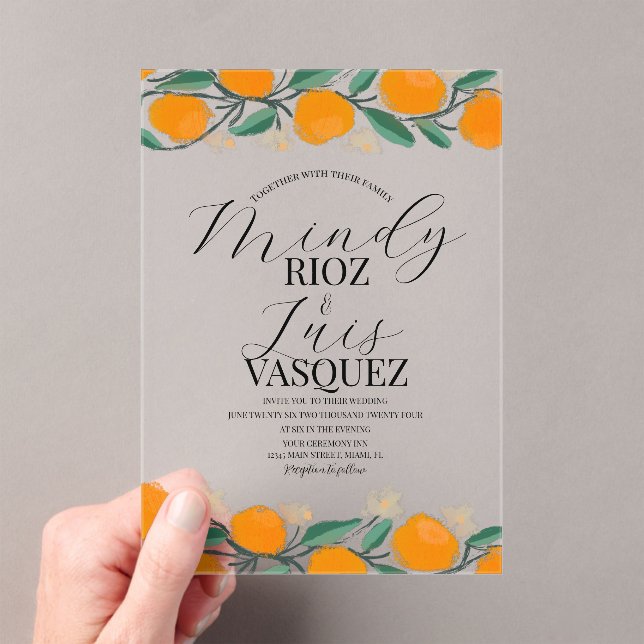 Oranges Citrus Watercolor Wedding Script Black  Acrylic Invitations (Insitu (Handheld))
