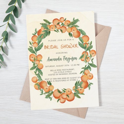 Oranges citrus watercolored bridal shower invitation