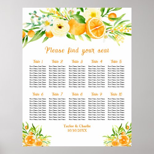 Oranges Citrus Wedding 10 Tables Seating Chart