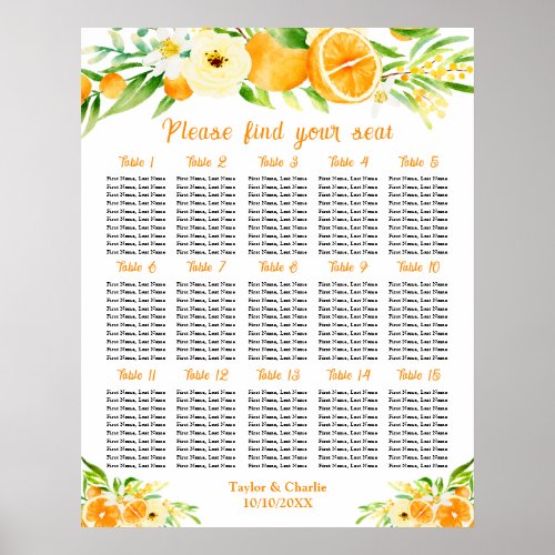 Oranges Citrus Wedding 15 Tables Seating Chart