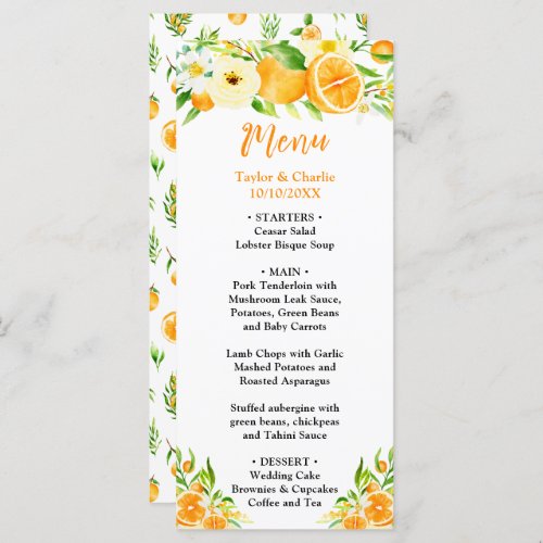 Oranges Citrus Wedding Menu