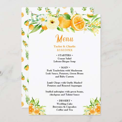 Oranges Citrus Wedding Menu