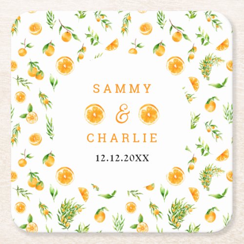 Oranges Citrus Wedding Square Paper Coaster