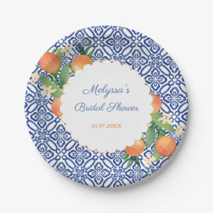 Oranges Classic Blue White Positano Wedding Shower Paper Plates