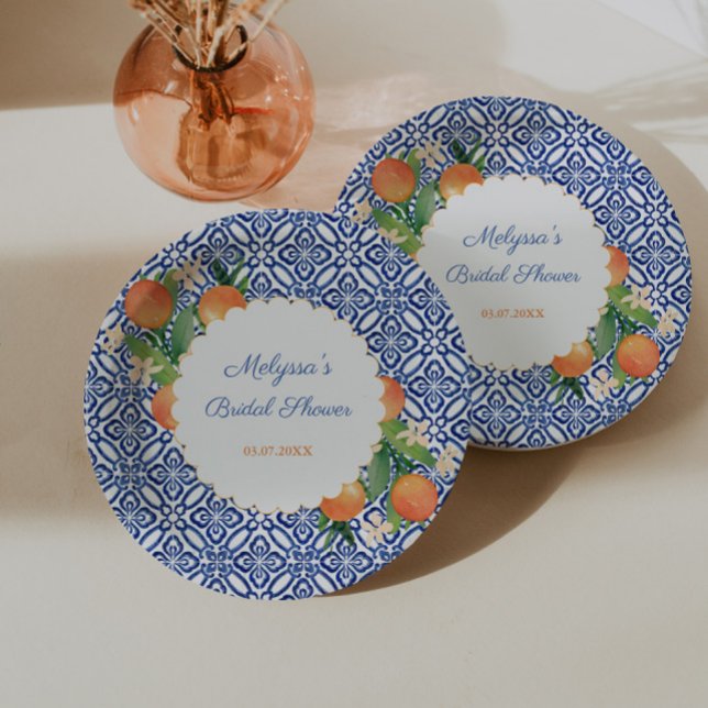 Oranges Classic Blue White Positano Wedding Shower Paper Plates (Classic oranges with blue white tile print for positano portofino bridal shower)