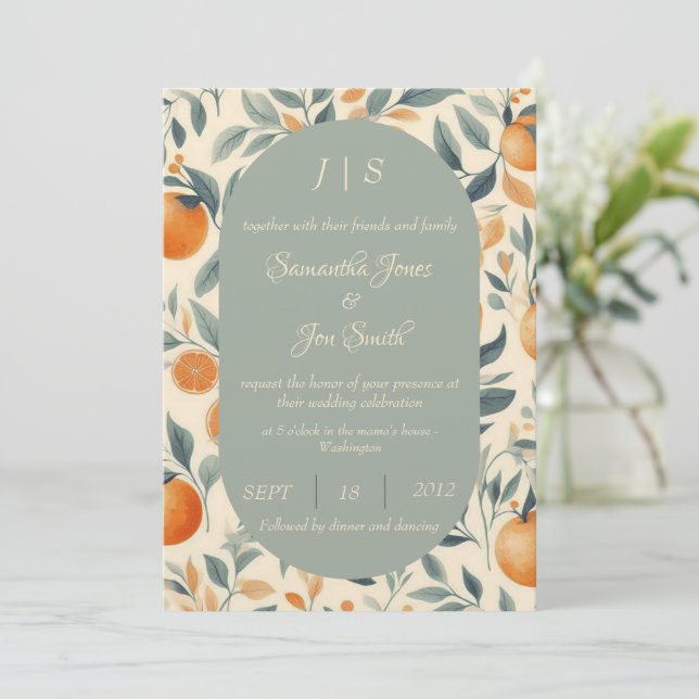 Oranges floral wedding  invitation (Standing Front)