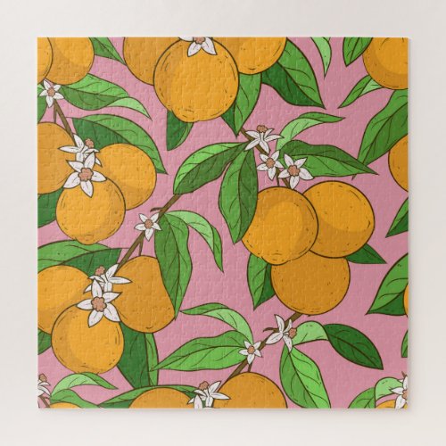 Oranges Flowers Pink Seamless Pattern Jigsaw Puzzle