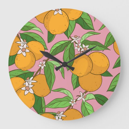 Oranges Flowers Pink Seamless Pattern Large Clock