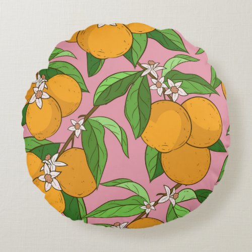 Oranges Flowers Pink Seamless Pattern Round Pillow