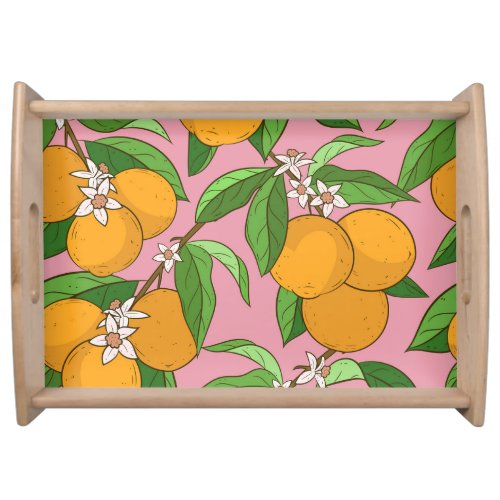 Oranges Flowers Pink Seamless Pattern Serving Tray