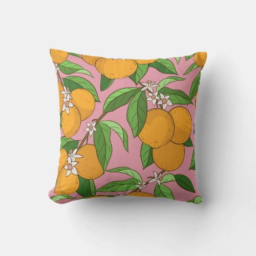 Oranges Flowers Pink Seamless Pattern Throw Pillow