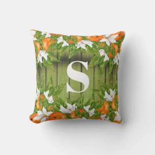 Oranges Fruit Country Autumn Green Wood Monogram Outdoor Pillow
