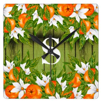 Oranges Fruit Country Autumn Green Wood Monogram Square Wall Clock