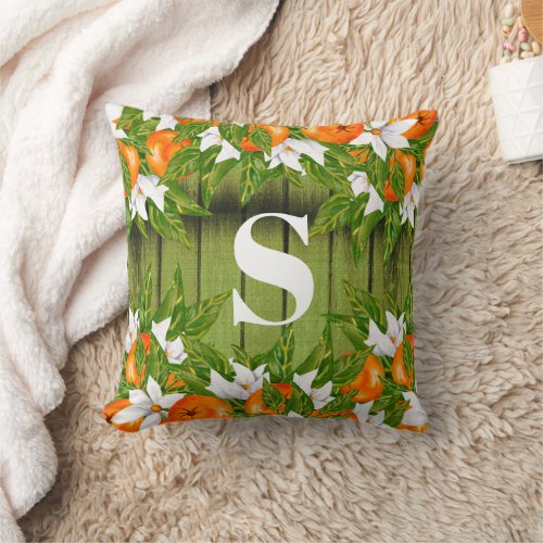 Oranges Fruit Country Autumn Green Wood Monogram Throw Pillow