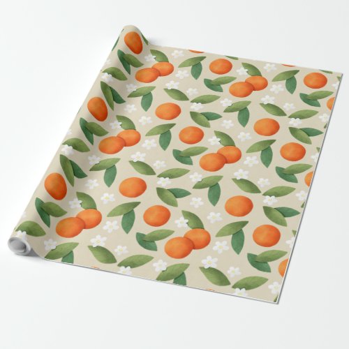 Oranges Green Leaves and White Flowers Pattern Wrapping Paper
