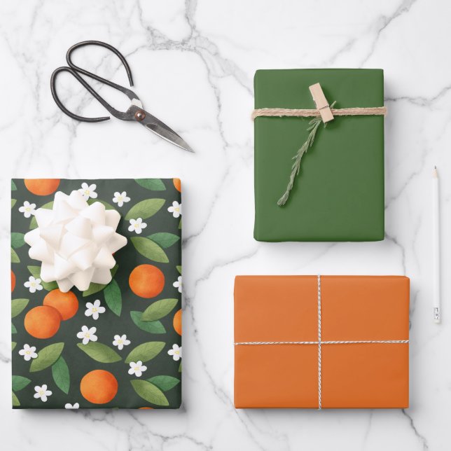 Oranges, Green Leaves and White Flowers Pattern Wrapping Paper Sheets (Front)