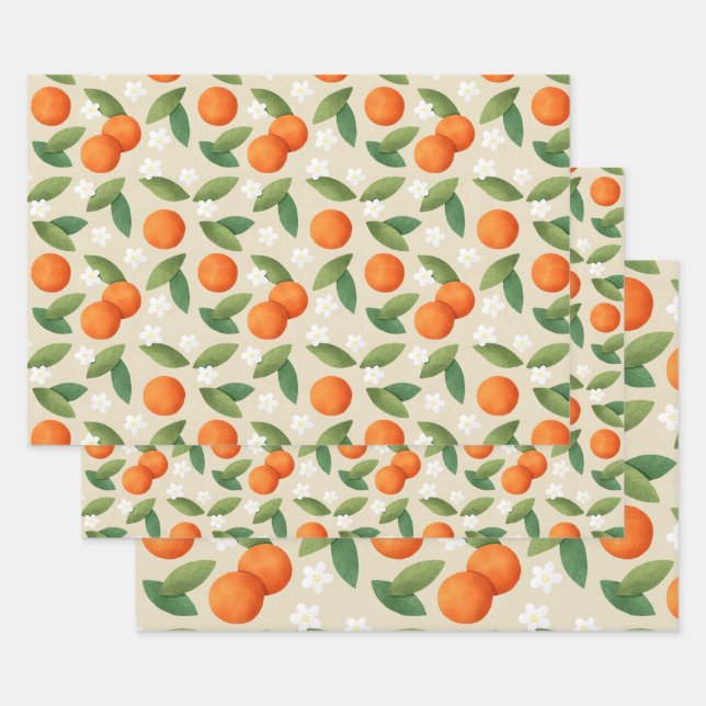 Oranges, Green Leaves and White Flowers Pattern Wrapping Paper Sheets (Set)
