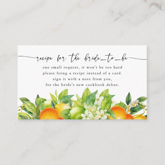 Oranges Lemon Citrus Bridal Shower Recipe Request Enclosure Card (Front)