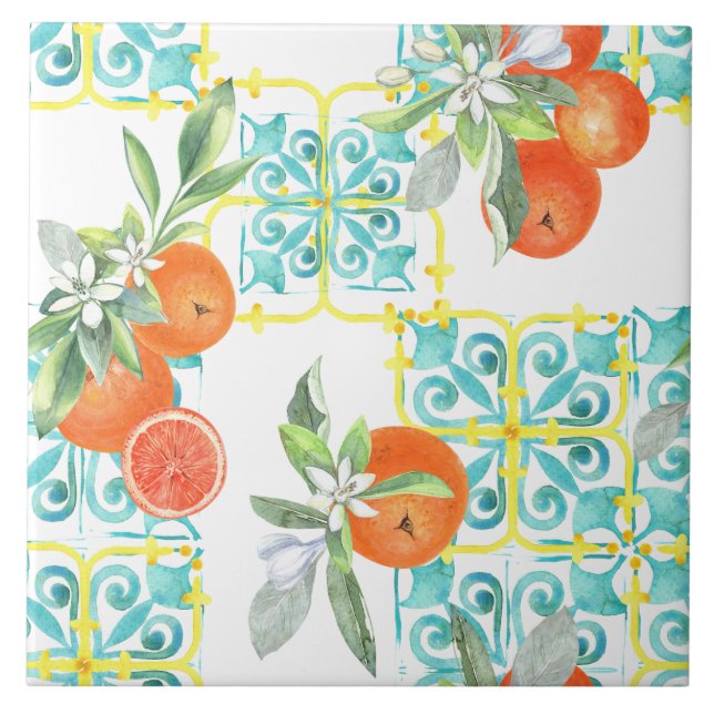 Oranges On Blue and Yellow Mediterranean Pattern Ceramic Tile (Front)