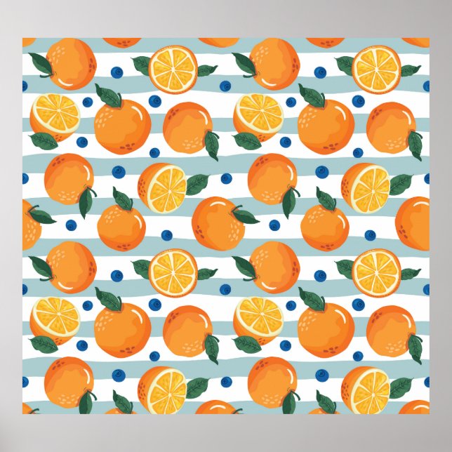 Oranges on striped background, summer pattern. poster (Front)