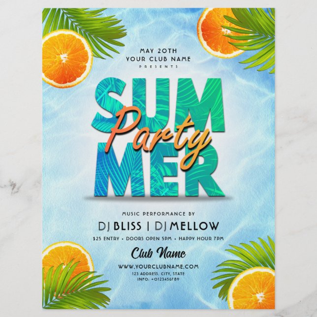 Oranges & Palm Leaves Summer Club Party Flyer (Front)