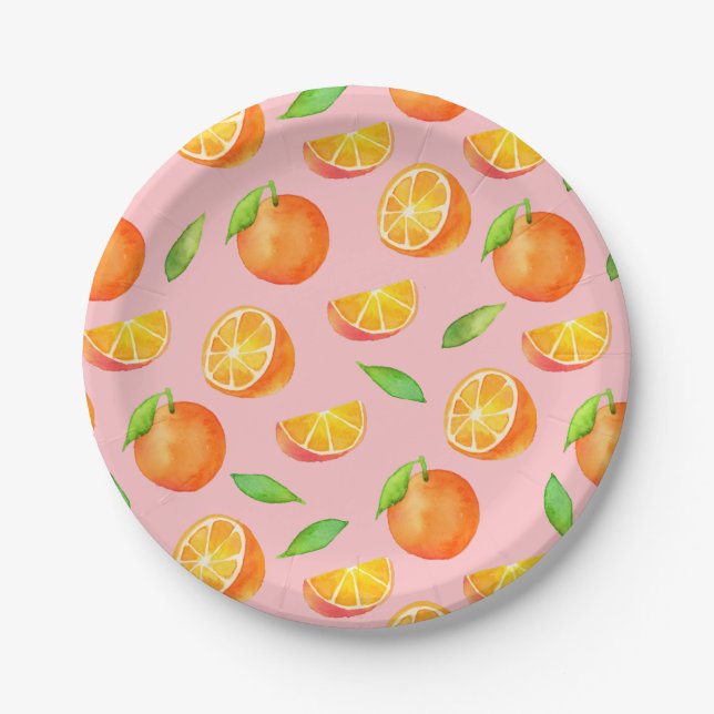 Oranges Pattern Watercolor Paper Plates (Front)