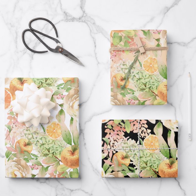 Oranges, Roses and Hydrangea Watercolor  Wrapping Paper Sheets (Front)