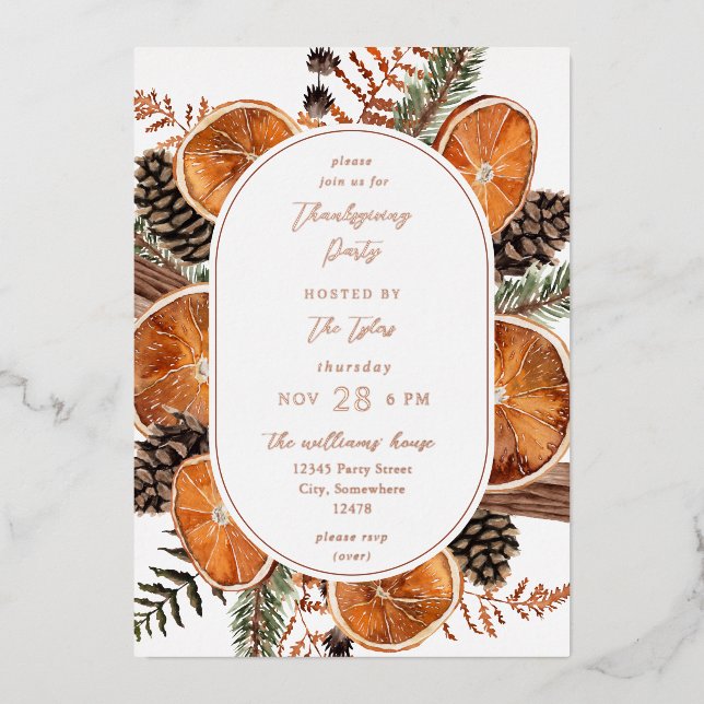 Oranges Rustic Holiday Thanksgiving Dinner  Foil Invitation (Front)