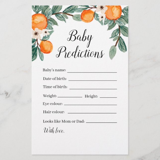 Oranges Twin Baby Shower Baby Predictions Game (Front)