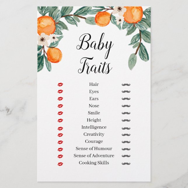 Oranges Twin Baby Shower Baby Traits Game (Front)