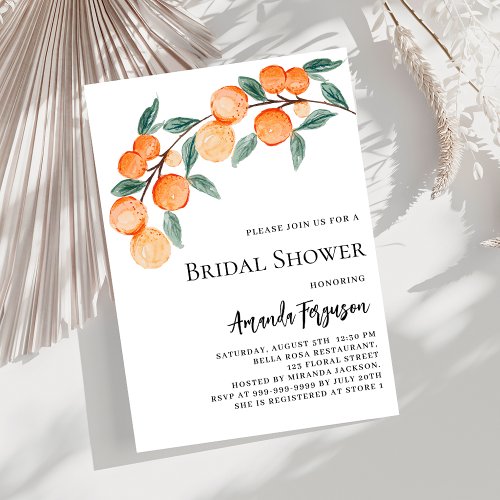 Oranges watercolored bridal shower invitation
