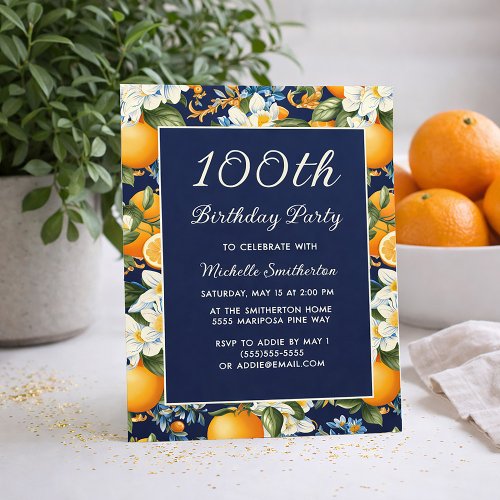 Oranges White Flowers Navy Blue 100th Birthday