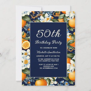 Oranges White Flowers Navy Blue 50th Birthday Invitation
