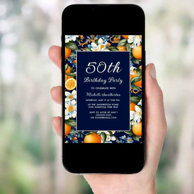 Oranges White Flowers Navy Blue 50th Birthday Invitation (Front Digital)