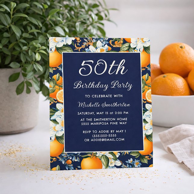 Oranges White Flowers Navy Blue 50th Birthday Invitation (Oranges on navy blue 50th birthday invitation)