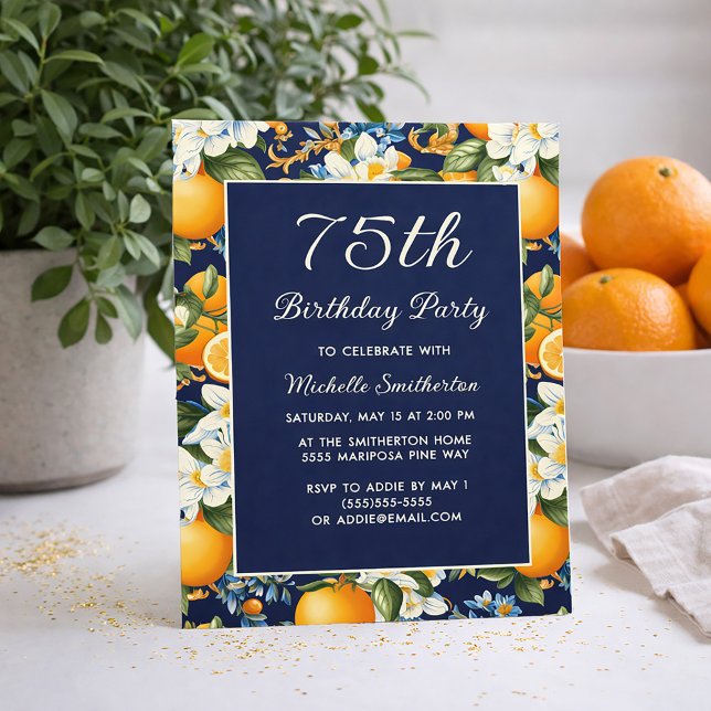 Oranges White Flowers Navy Blue 75th Birthday Invitation (Oranges on navy blue 75th birthday invitation)
