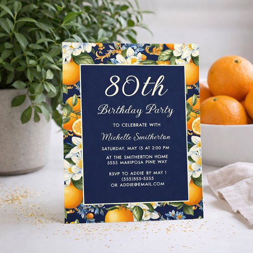 Oranges White Flowers Navy Blue 80th Birthday