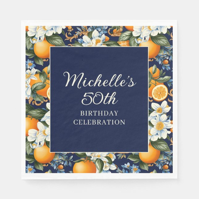 Oranges White Flowers Navy Blue Birthday Welcome Napkins (Front)
