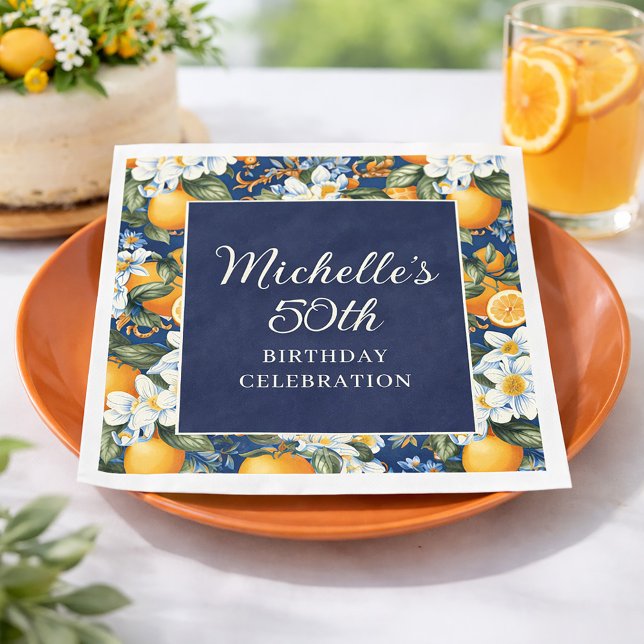 Oranges White Flowers Navy Blue Birthday Welcome Napkins (Oranges on navy blue 50th birthday party paper napkin)