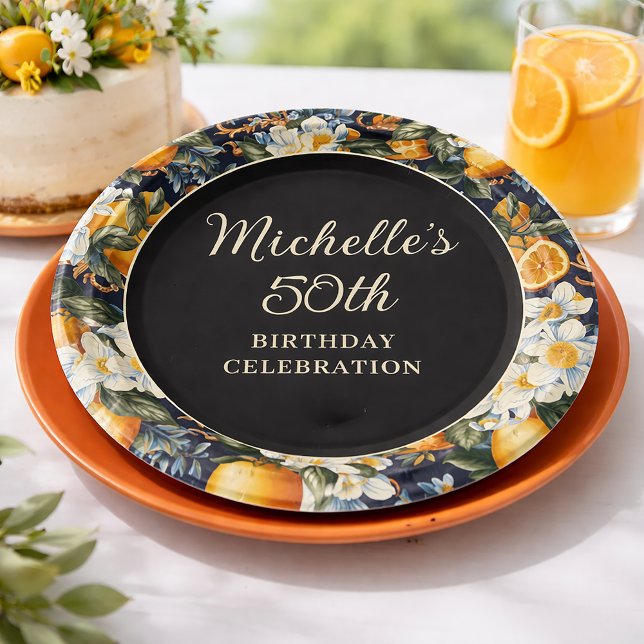 Oranges White Flowers Navy Blue Birthday Welcome Paper Plates (Navy citrus floral 50th birthday paper plate )