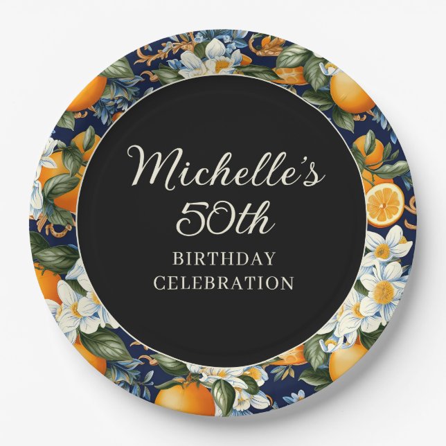 Oranges White Flowers Navy Blue Birthday Welcome Paper Plates (Front)