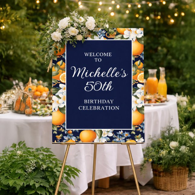Oranges White Flowers Navy Blue Birthday Welcome Poster (16"x20" birthday poster with oranges on navy blue)