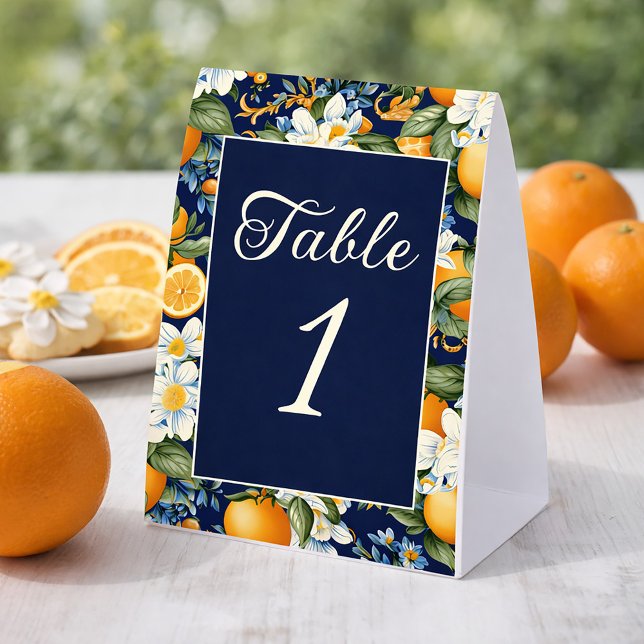 Oranges White Flowers Navy Blue Table Number Paper Table Tent (Oranges on navy blue table number)