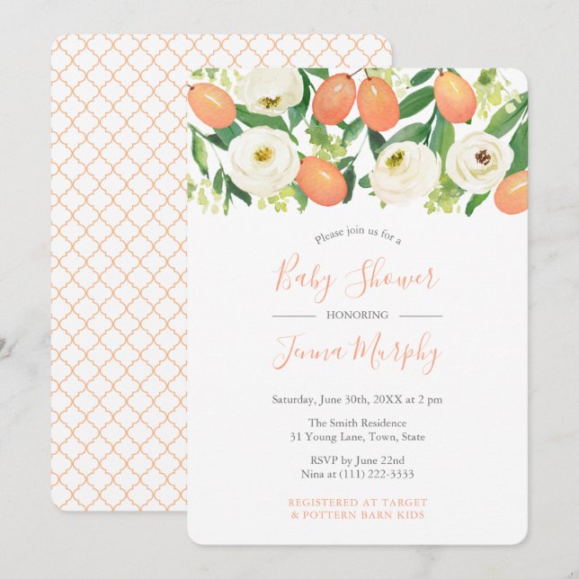 Oranges White Moroccan Quatrefoil Baby Shower Invitation (Front/Back)
