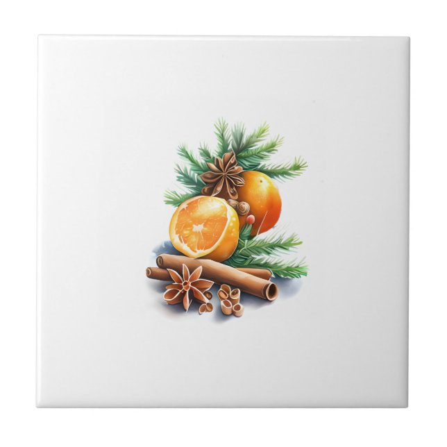 Oranges with Cloves and Cinnamon Next to Fir Leave Ceramic Tile (Front)